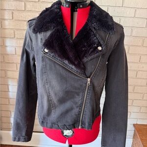 Jessica Simpson Women’s Black Faux Fur Collar Moto Jacket – Size Medium